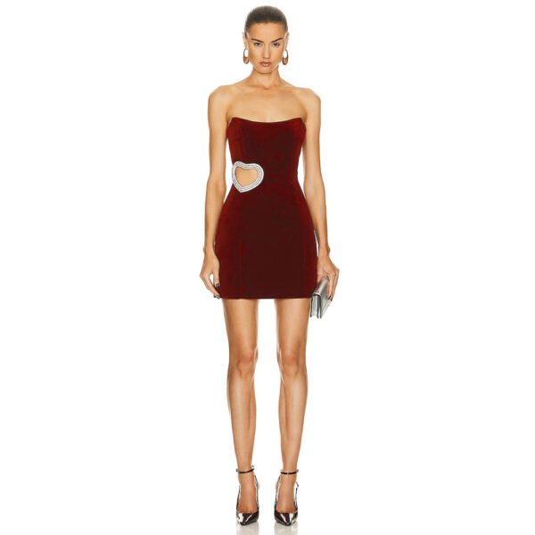 Women's Wine Red Hollowed Heart Shape Diamond Tube Top Dress - Image 8