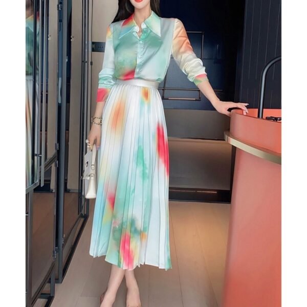 Spring New Suit Skirt Two-piece Western Style Fashionable Printed Shirt Pleated Skirt Elegant Graceful - Image 2