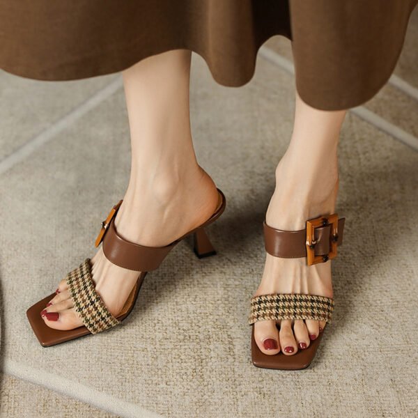 Belt Buckle Plaid Square Slippers With Stiletto Heels - Image 5