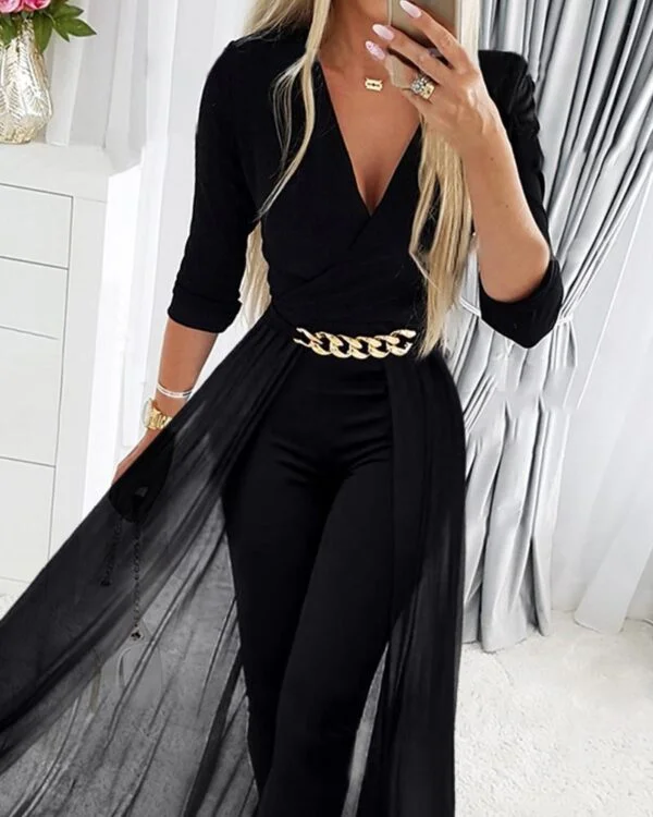 Black Mesh V-neck Patchwork Jumpsuit - Image 5