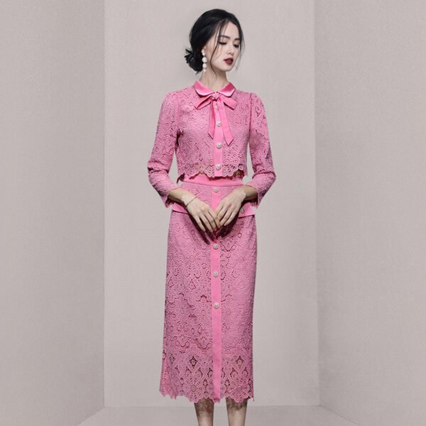 Refined Handmade Lace  Cutout Top Shirt High Waist Long Skirt Fashion Dopamine Wear Match Suit - Image 2