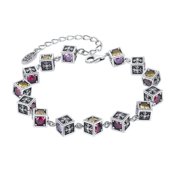 925 Sterling Silver Tide Square Cross Rainbow Zircon Dice Bracelet - Image 4