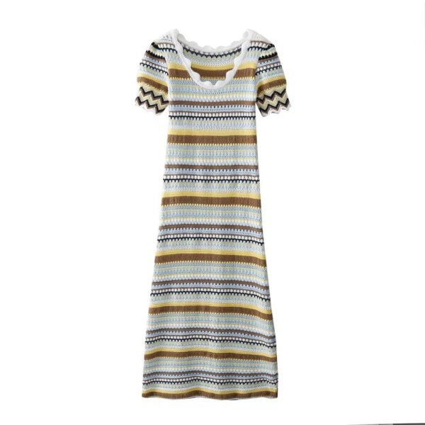 Women's New Long Sleeve Knitted Striped Short Sleeve U-neck Dress - Image 6