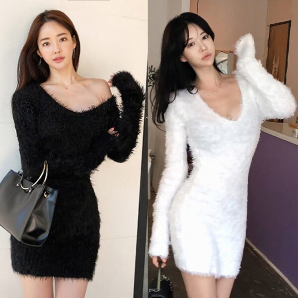 Autumn And Winter V-neck Thickening Keep Warm Elastic Sweater Base Dress - Image 3