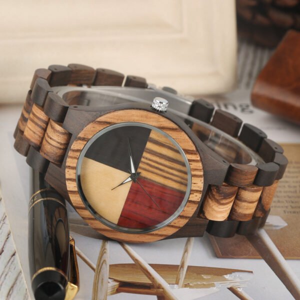 Bamboo and wood four-color splicing quartz watch - Image 3