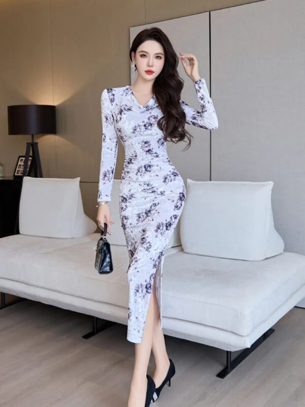 Autumn And Winter Velvet Printed Bottoming Mid-length Slim-fit Long-sleeved Temperament Female Dress - Image 3