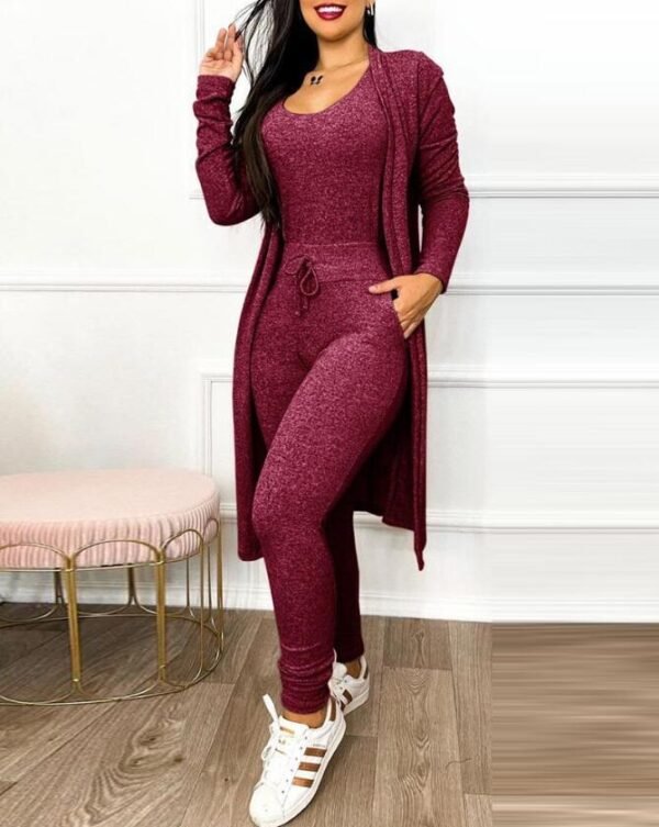 Women's Casual Suit High Waist Slip-on Casual Pants Drawstring Pocket Design Jumpsuit And Cardigan Cover - Image 9