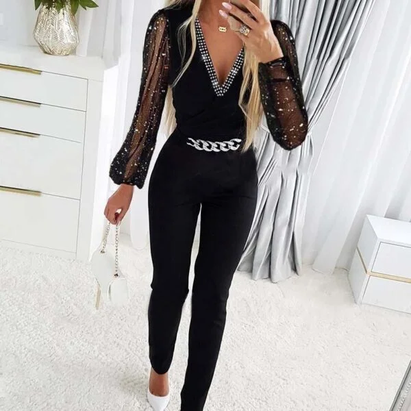 Women's V-neck Rhinestone Mesh Jumpsuit - Image 5