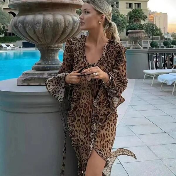 Leopard Print Dress Ruffled Front Slit Long Sleeve Skirt - Image 3