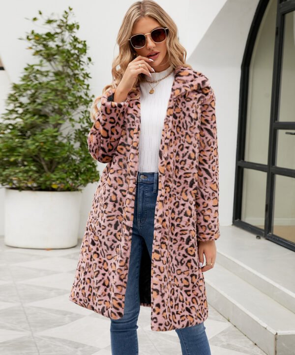 Women's Leopard Print Imitation Fur Plush Lapel Coat - Image 2