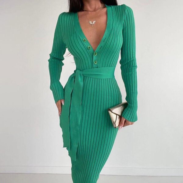 Women's Waist Button Dress Slim Knit Sunken Stripe - Image 3