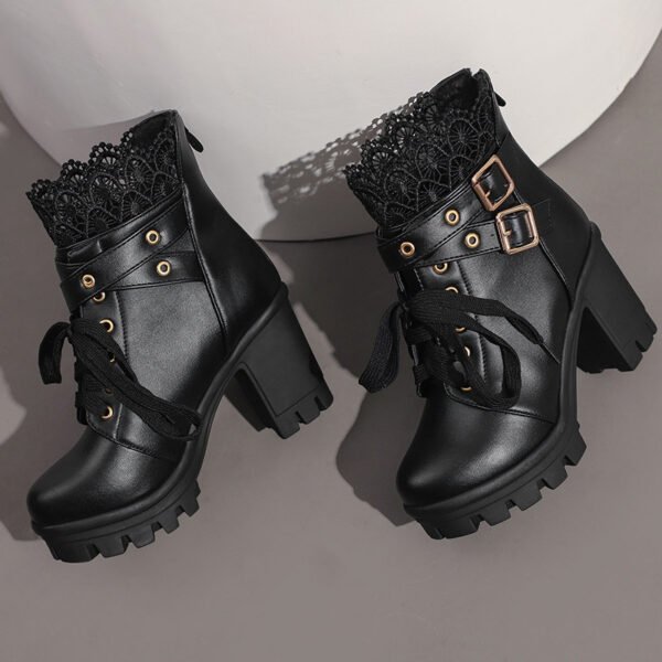 Women's Platform Retro Lace Up Belt Buckle Boots - Image 7