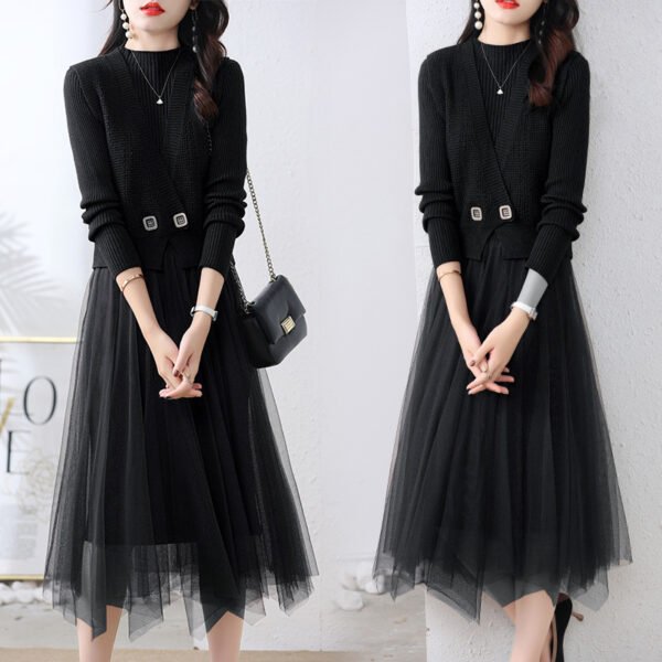 Women's Long Sleeve Knitted Cinched Patchwork Mesh Skirt - Image 5