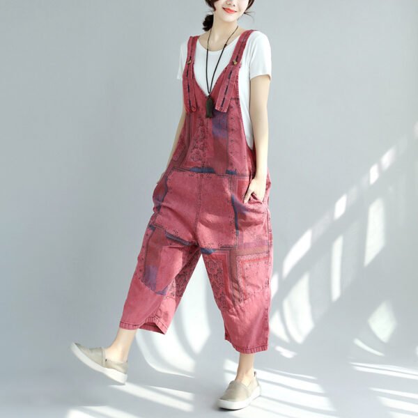 Printed Worn Looking Washed-out Big Crotch Ninth Plus Size Stitching Denim Suspender Pants - Image 7