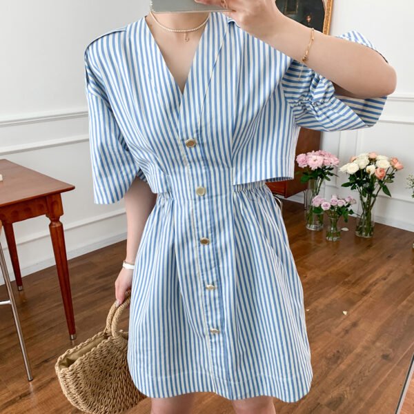 Summer New Retro Navy Style V-neck Short Sleeve Deconstructed Striped Shirt Dress - Image 4