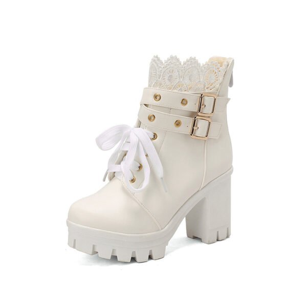 Women's Platform Retro Lace Up Belt Buckle Boots - Image 5