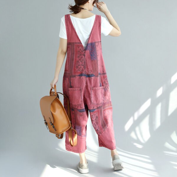 Printed Worn Looking Washed-out Big Crotch Ninth Plus Size Stitching Denim Suspender Pants - Image 4