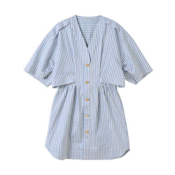 Summer New Retro Navy Style V-neck Short Sleeve Deconstructed Striped Shirt Dress - Image 5