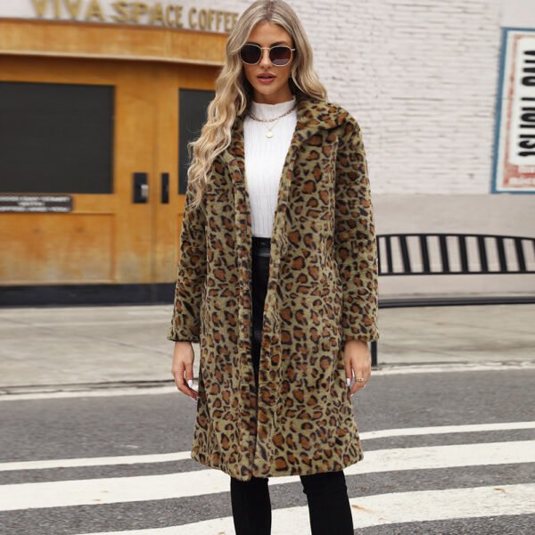 Women's Leopard Print Imitation Fur Plush Lapel Coat - Image 3