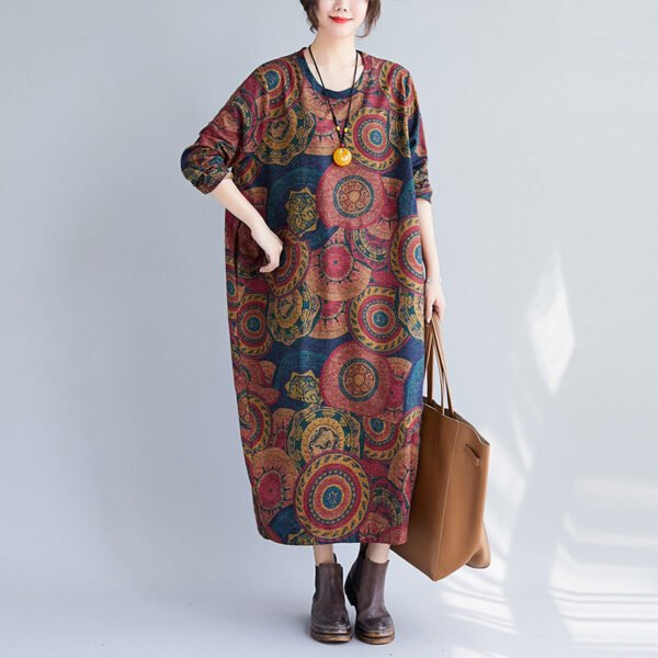 Artistic Retro Printing Loose Oversized Long Sleeves Dress - Image 3