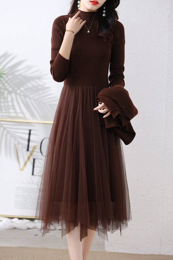 Women's Long Sleeve Knitted Cinched Patchwork Mesh Skirt - Image 3