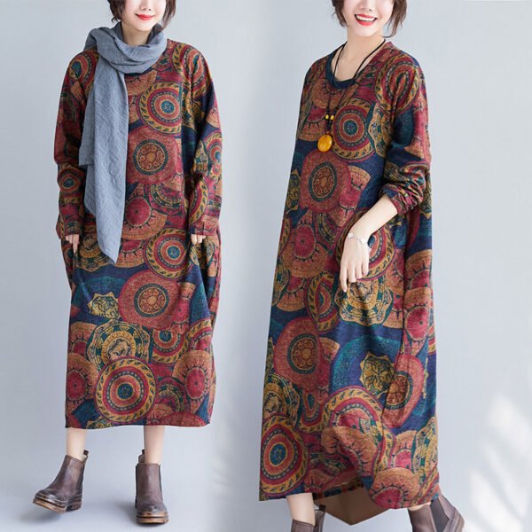 Artistic Retro Printing Loose Oversized Long Sleeves Dress - Image 4