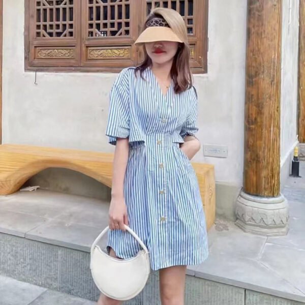 Summer New Retro Navy Style V-neck Short Sleeve Deconstructed Striped Shirt Dress - Image 2