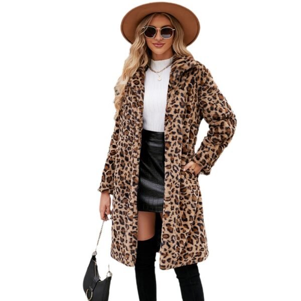 Women's Leopard Print Imitation Fur Plush Lapel Coat - Image 5