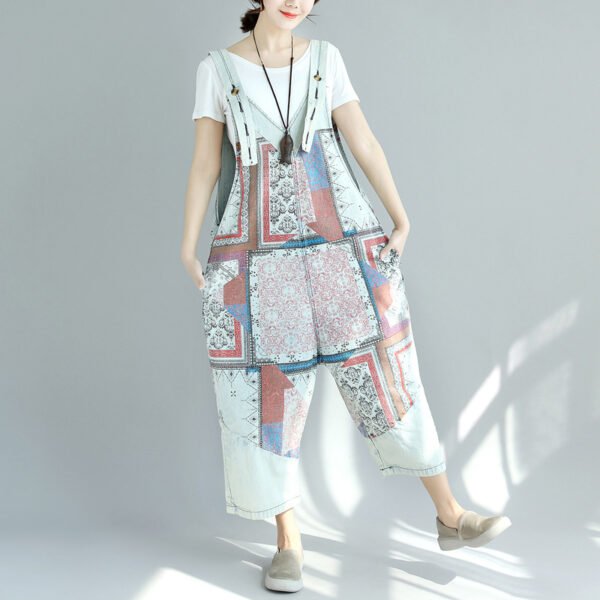 Printed Worn Looking Washed-out Big Crotch Ninth Plus Size Stitching Denim Suspender Pants - Image 6