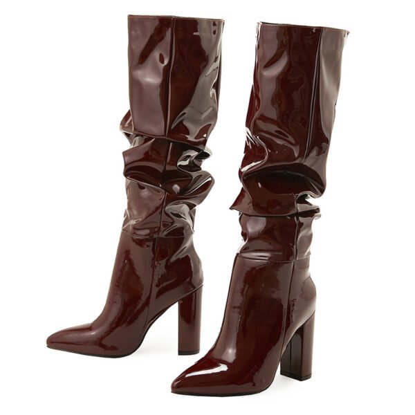 Women's Pointed Toe Chunky Heel Patent Leather Middle Boots - Image 4