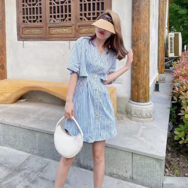 Summer New Retro Navy Style V-neck Short Sleeve Deconstructed Striped Shirt Dress - Image 3