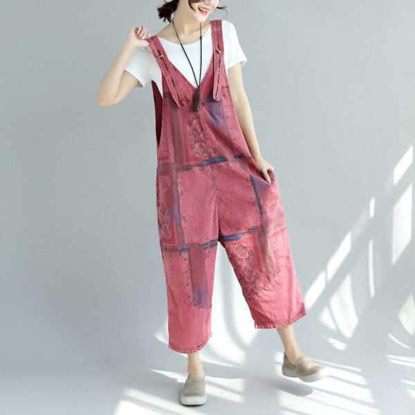 Printed Worn Looking Washed-out Big Crotch Ninth Plus Size Stitching Denim Suspender Pants - Image 2