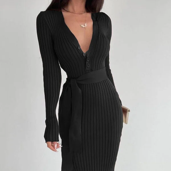 Women's Waist Button Dress Slim Knit Sunken Stripe - Image 4