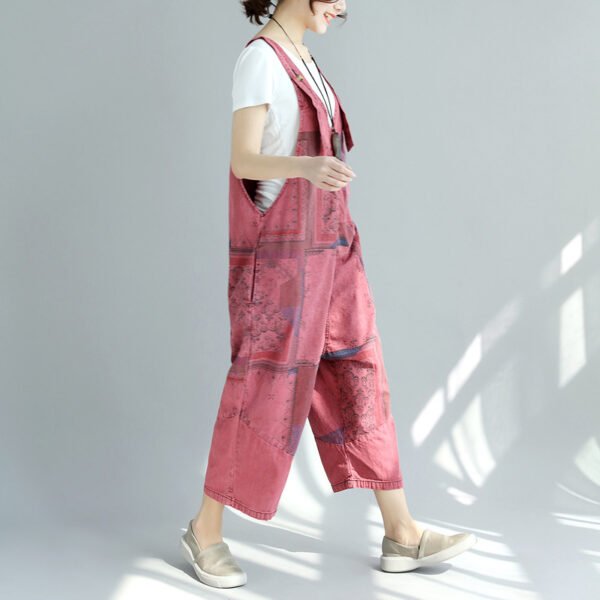 Printed Worn Looking Washed-out Big Crotch Ninth Plus Size Stitching Denim Suspender Pants - Image 3