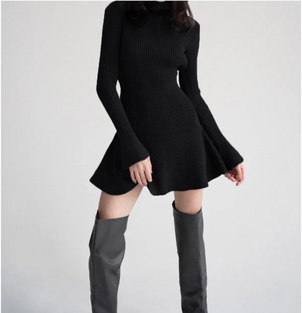 Autumn And Winter Long Sleeves Solid Color Top Turtleneck Sweater High Waist Tight Short Knitted A- Line Dress - Image 6