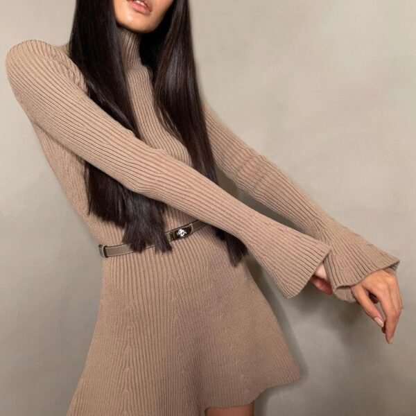 Autumn And Winter Long Sleeves Solid Color Top Turtleneck Sweater High Waist Tight Short Knitted A- Line Dress - Image 3