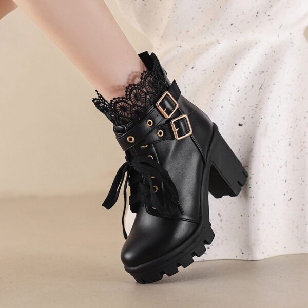 Women's Platform Retro Lace Up Belt Buckle Boots - Image 2