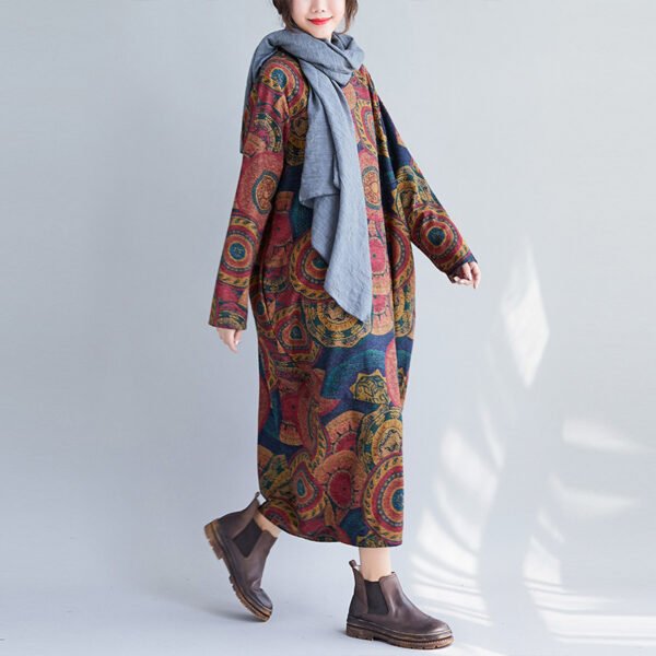 Artistic Retro Printing Loose Oversized Long Sleeves Dress - Image 2