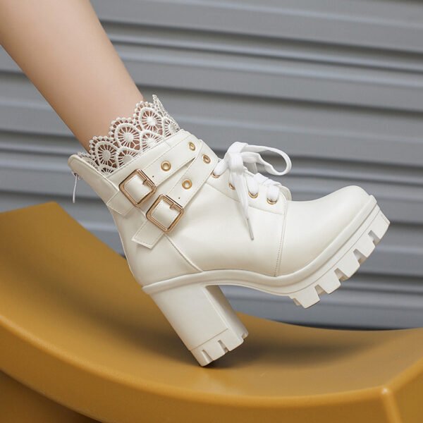 Women's Platform Retro Lace Up Belt Buckle Boots - Image 3