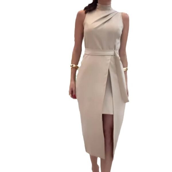 Women's Fashionable Round Neck Pleated High Waist Pure Color Sleeveless Long Dress - Image 5