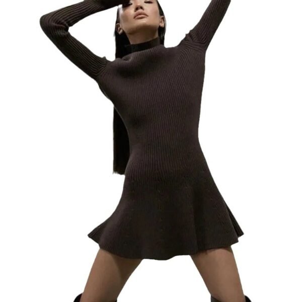 Autumn And Winter Long Sleeves Solid Color Top Turtleneck Sweater High Waist Tight Short Knitted A- Line Dress - Image 5