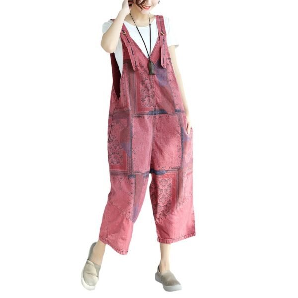 Printed Worn Looking Washed-out Big Crotch Ninth Plus Size Stitching Denim Suspender Pants - Image 5