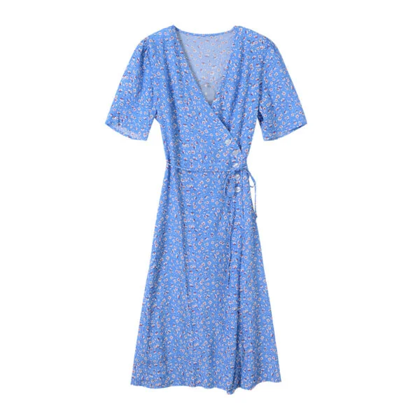 Wrap Lace-up Long Dress French Tea Dress Floral Skirt Light Blue Retro Style - Image 5