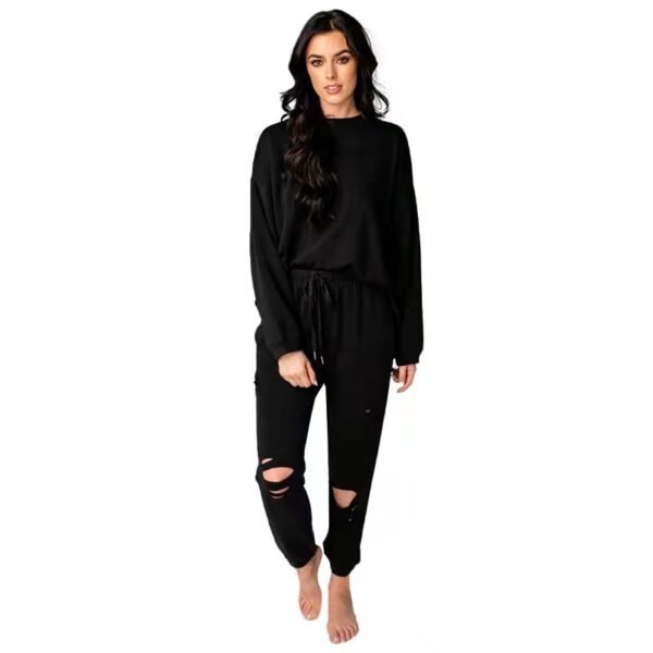 Women's Solid Color Ripped Round Neck Pullover Pants Casual Long Sleeve Sweatshirt Cotton Suit - Image 2