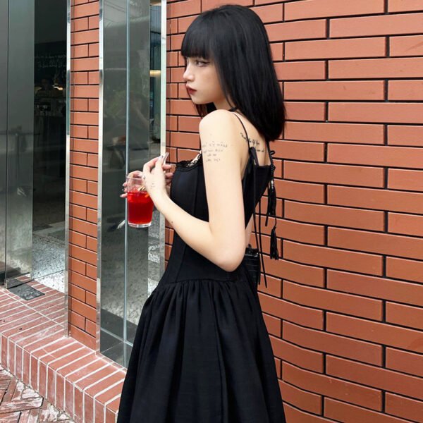 American Lace-up Bow Collar Solid Color Graceful Slip Dress Women - Image 2