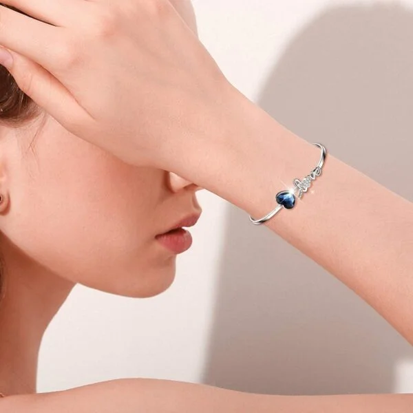 Blue Crystals from Austria Love Heart Bangle Bracelet in White Gold Plated Sterling Silver - Image 3