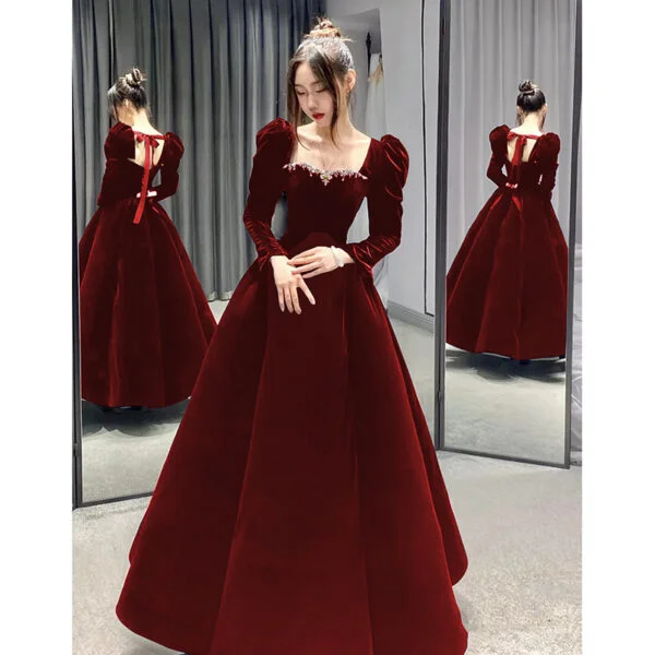 Atmospheric Red Long-sleeved Senior Evening Dress Woman - Image 6