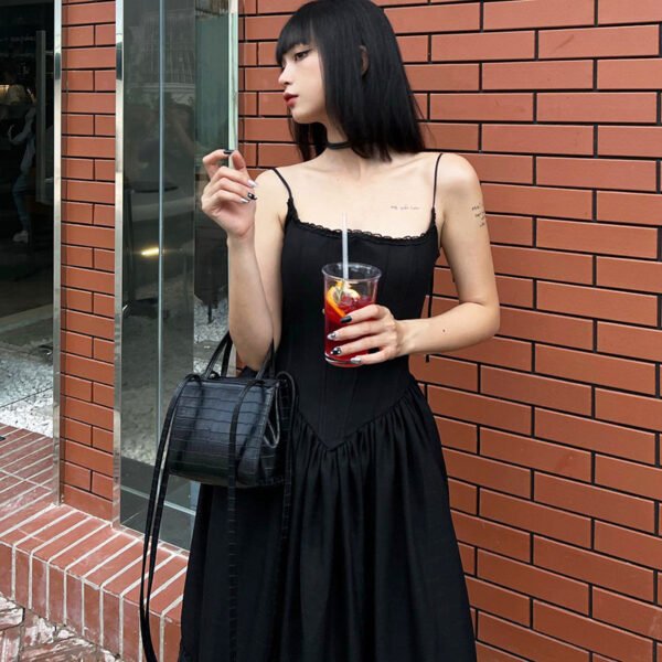 American Lace-up Bow Collar Solid Color Graceful Slip Dress Women - Image 3