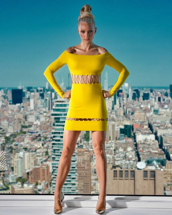 Yellow Long Sleeved Hollowed Out Chain Bandage Mini Dress - Image 2