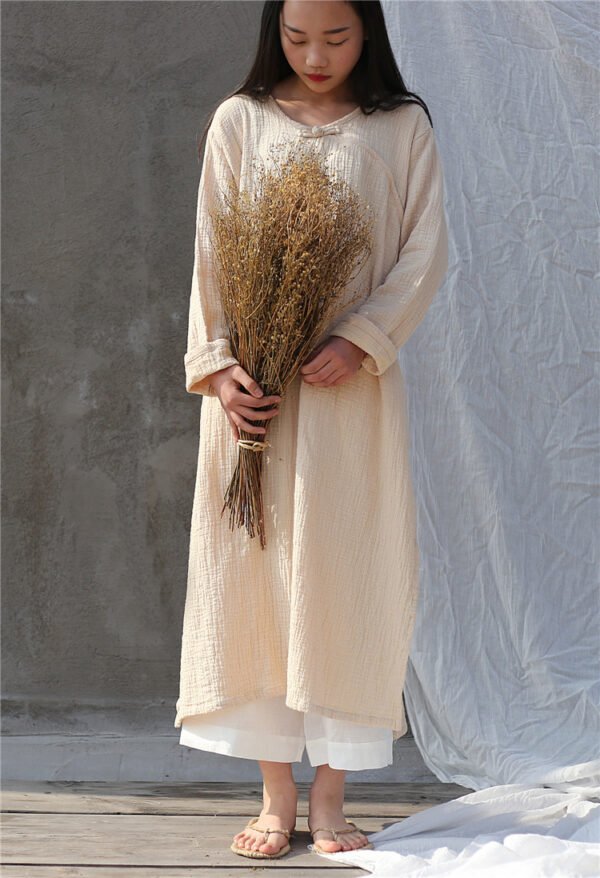 Artistic Retro Chinese-style Loose Zen Cotton Linen Dress Robe - Image 4